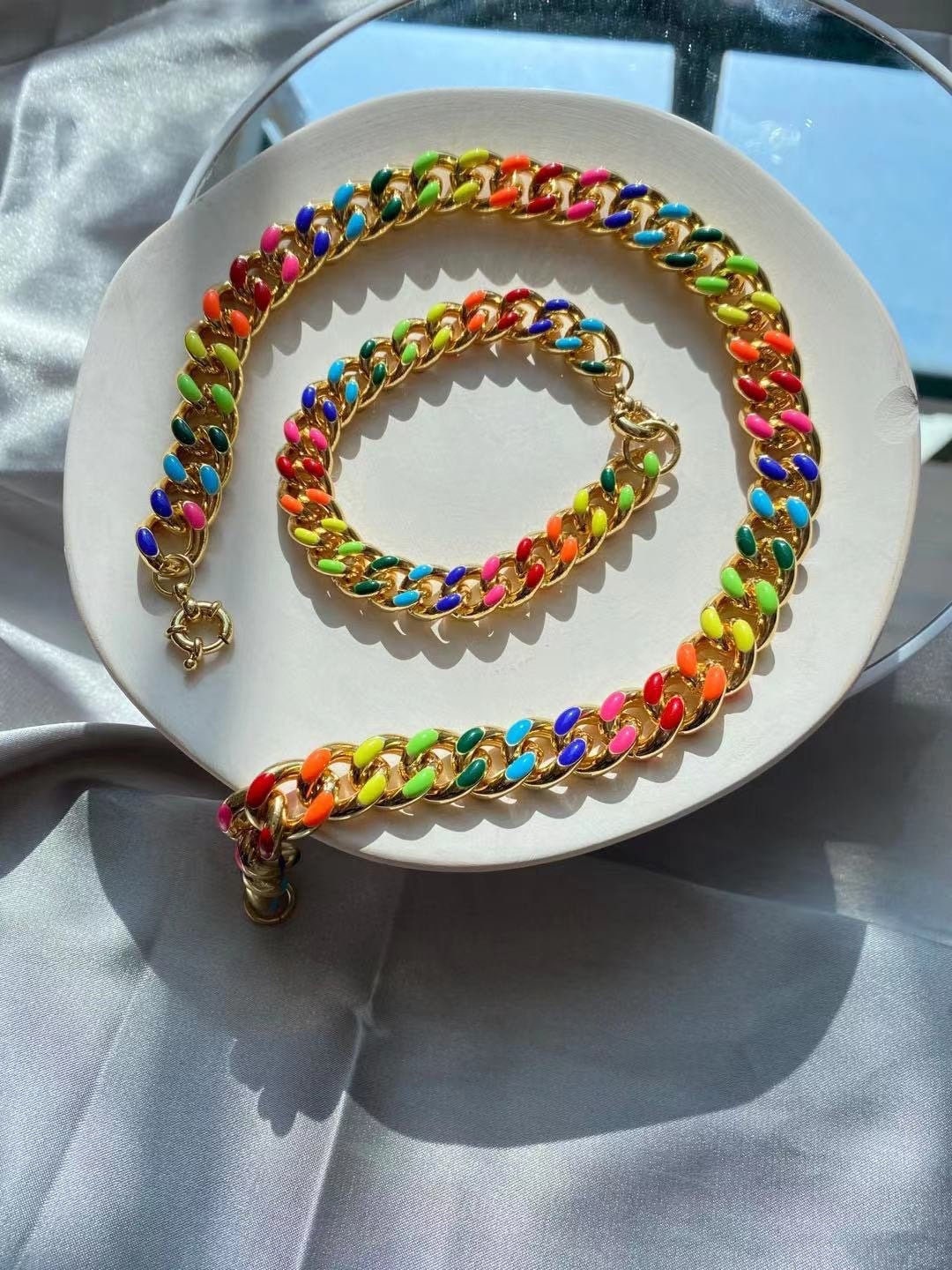 Rainbow Gold Chain Necklace - Thick Colourful Statement Jewelry Design 5 Cuban Chain Choker + Pearl Choker
