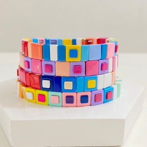 Double Square Enamel Tile Bracelet Sets, Colorblock Bracelets, Tile Beads Bracelets, Stacking Bracelets, Stretchy Bracelets, Boho Bracelets