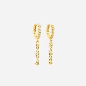 S925 Sparkly Dainty CZ 3 Dots Hoops, Chain Hoops, Gold Chain Hoop Earrings, Silver Chain Hoop Earrings, Huggies, Dainty Gold Hoops