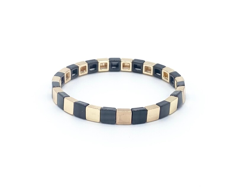 6mm Thin Gold Rainbow Tile Bracelet Sets, Colorblock Bracelets, Tile Beads Bracelets, Stacking Bracelets, Stretchy Bracelets, Boho Bracelets Black & Gold