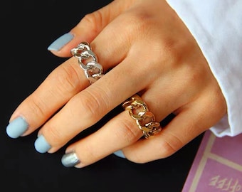 Adjustable Chunky Chain Ring, Chain Rings, Gold Stackable Rings, Statement Curb Chain Ring, Quality Trendy Thick Chain Wide Ring