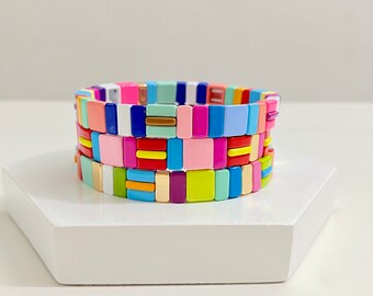 Square & Bar Emaille Tegel Armband Set, Colorblock Armband, Tegel Kralen Armband, Stapelen Armband, Rekbare Armband, Boho Armband, EB0002