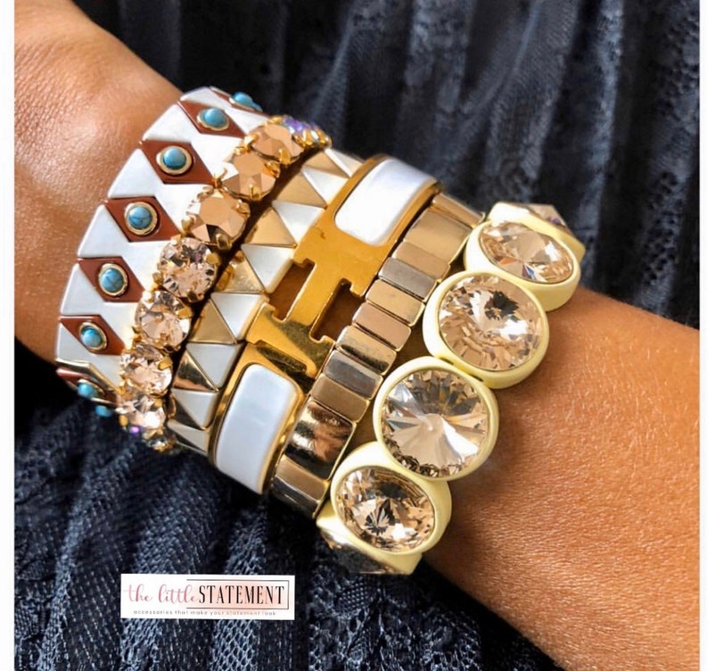 Bracelets de tuiles en émail triangle or et blanc, bracelets de blocs de couleurs dorés, bracelets de perles de tuiles, bracelets empilables, bracelets Boho image 5