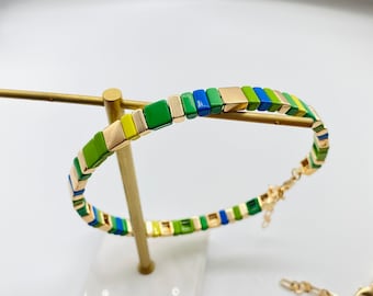 Green & Gold Enamel Tile Beads Choker, Tila Tile Choker, Colorblock Necklace, Enamel Beads Choker, Trendy Tila, Tile Beads Choker