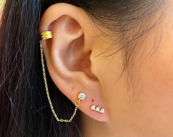 S925 Sterling Silver Cuff Chain Earring, Triple Dots Stud, Minimalist Earrings, Dainty CZ Stud Earring, Tiny Stud Earring, Chain Ear Cuff
