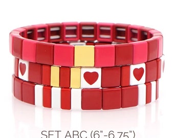Red Heart Love Enamel Tile Bracelet Sets, Pink Love Colorblock Bracelets, Tile Beads Bracelets, Stacking Bracelets