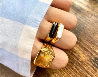 18K Gold Plated Thin Mother-of-Pearl Ring, Thin Black Pax Ring, Black Enamel Ring, Stacking Rings, Black Signet Ring, Black Onyx Ring