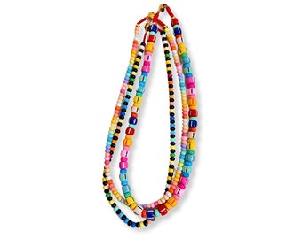 Chunky Ombre Rainbow Mix Enamel Tile Beads Necklace, Tila Tile Necklace, Colorblock Necklace, Enamel Beads Choker, Tila Necklace, EN0001