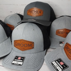 Custom Leather Patch Wedding Party Trucker Hats: Groomsmen, Father of Bride