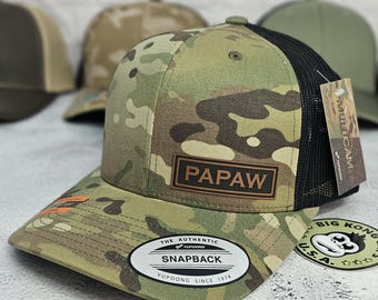 Custom PAPAW HAT, Personalized Papaw Hats, Customizable Gifts for Papaw, Leather Patch Grandpa Papaw Cap, Custom Name Hats, Camouflage Hats