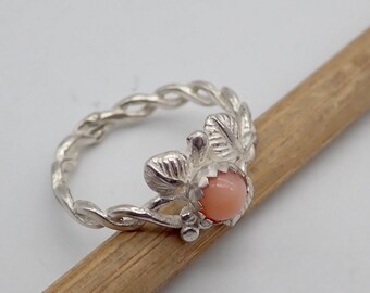 Floral Sterling Silver Ring: Japanese Angel Skin Coral, Size 6.