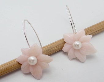 Peruvian pink opal carved flowers, white pearl and sterling silver earrings. "Starflower". Carved pink opal floral earrings.Carved gemstone.