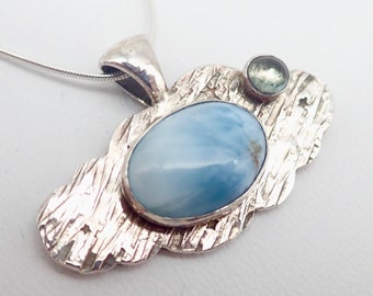 Dominican larimar, blue tourmaline and sterling silver raincloud pendant. "Dream big". Silver cloud necklace. Larimar cloud pendant.