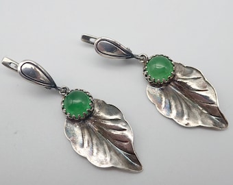 Green Jade Leaf Earrings: Antiqued Sterling Silver Dangle Earrings.