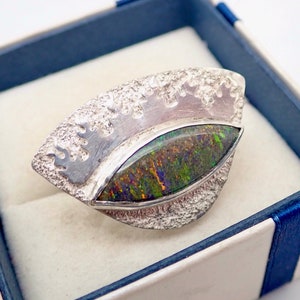 Andamooka opal sterling silver ring. Green opal ring. Artisan Andamooka black matrix opal ring. Australian green opal ring. "Green flame".