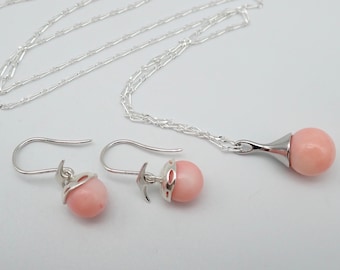 Pink coral sterling silver earrings and pendant set. "Sleek". Coral earrings. Whale tail earrings. Pink coral pendant. Coral necklace.