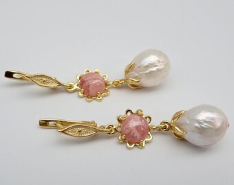 White flame ball baroque pearl, rhodochrosite and gold plated silver earrings. "Utterly feminine". Baroque pearl and gemstone earrings.