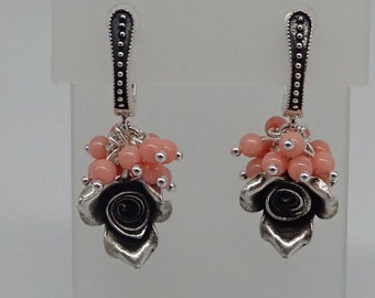 Antiqued fine silver and natural coral earrings "Black rose"