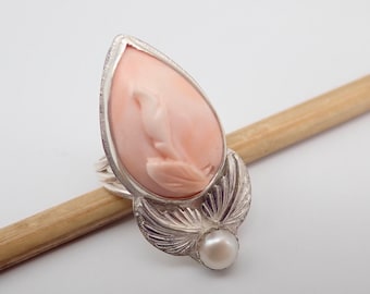 Carved Angel Skin Coral Ring: Sterling Silver, Pearl Accent.