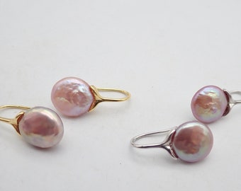 Baroque Coin Pearl Earrings: Pink Sterling Silver.