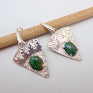 Andamooka opal sterling silver silver earrings. Andamooka black matrix opal earrings. Australian green opal earrings. Artisan opal earrings.