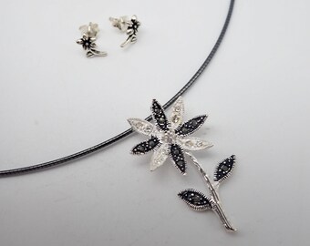 Marcasite Flower Pendant Necklace: Sterling Silver Cubic Zirconia, Black Choker & Studs.