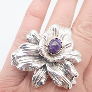 Russian charoite and sterling silver orchid flower ring. Extra large orchid flower ring. Silver orchid ring. Orchid statement ring.