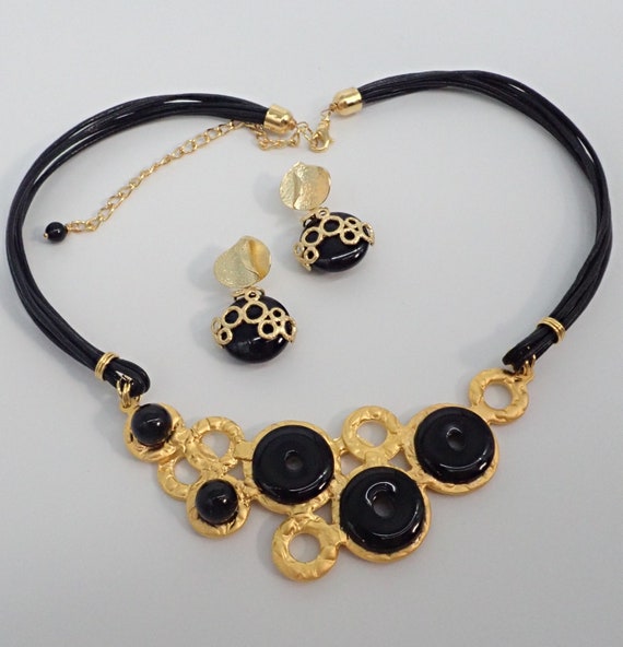 Parure Collier Et Boucles D'oreilles Couleur Onyx Et Or - Neuf Sans Emballage