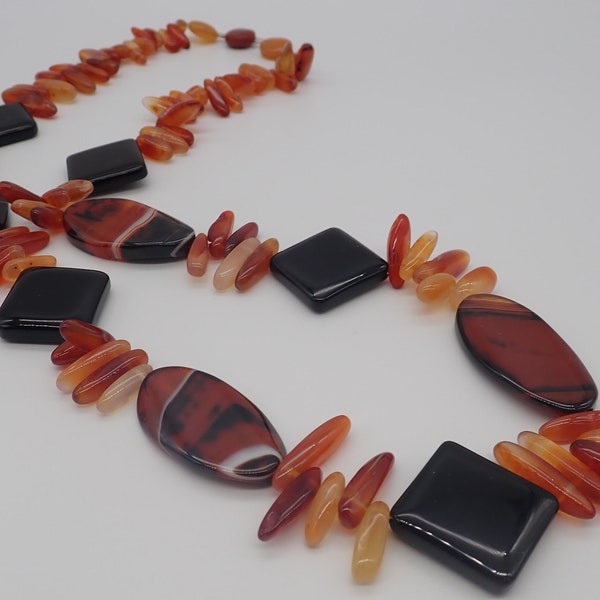 Sardonyx agate, carnelian and black stone long Statement  necklace