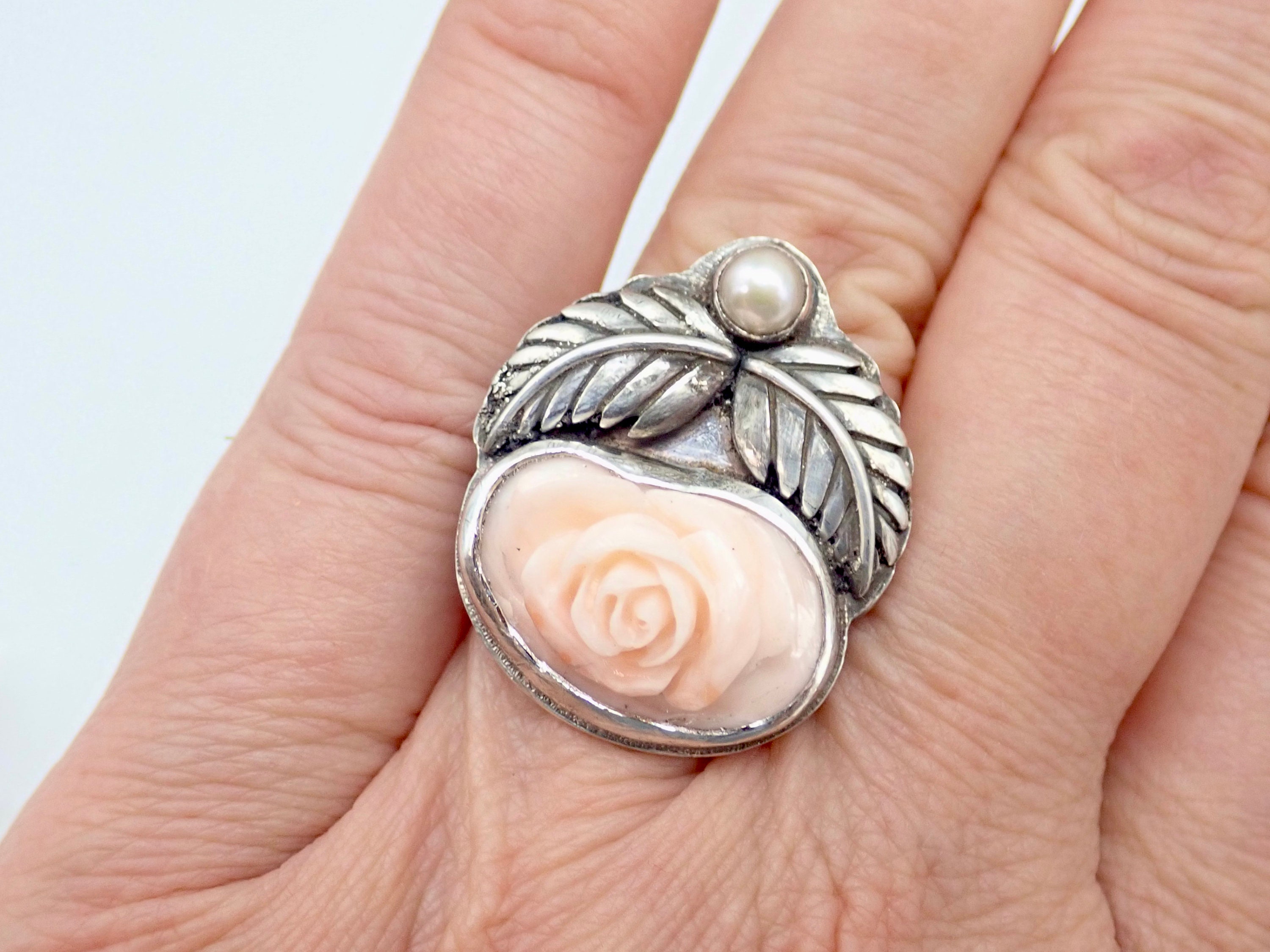 Bague Argent 925 Avec Fleur D'agate Et Corail Rose - Taille 14, Sans Marque, Neuve Avec étiquettes
