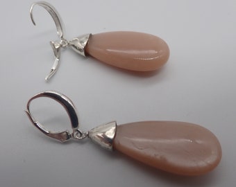 Peach Moonstone Sterling Silver Dangle Earrings: "Caramel Drops".
