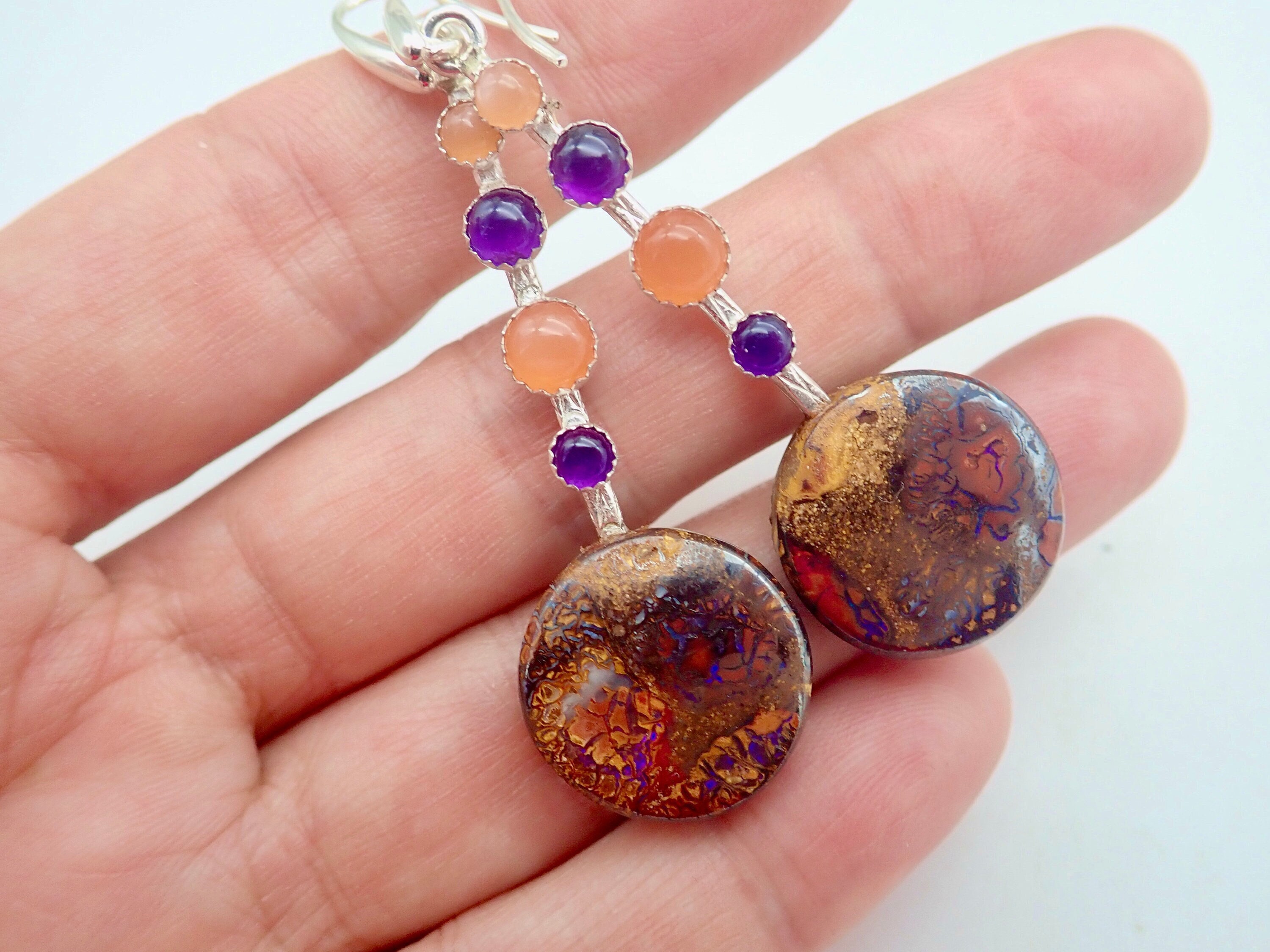 Yowah boulder opal, peach moonstone, amethyst sterling silver earrings. Australian boulder opal earrings. Funky opal silver earrings.