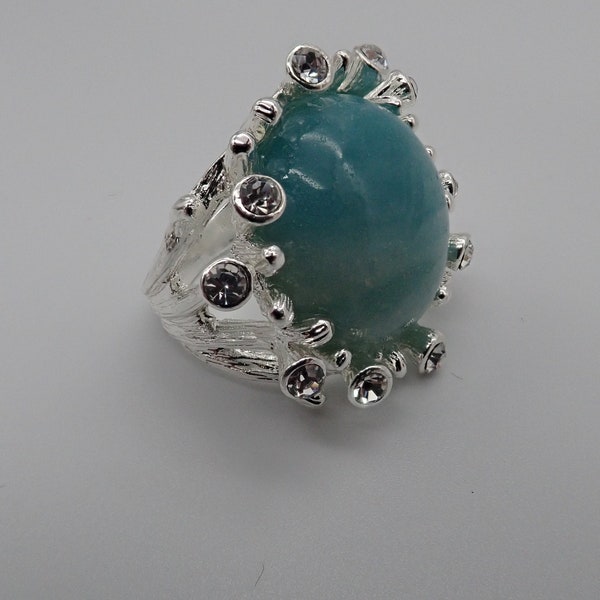 Bague plaquée argent cabochon rond amazonite et cristaux Swarovski