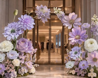 Large Freestanding Floral Entrance Arch for Luxury Events, Retail Window Displays, and Photo Backdrops - Lavender & White Paper Flower Set