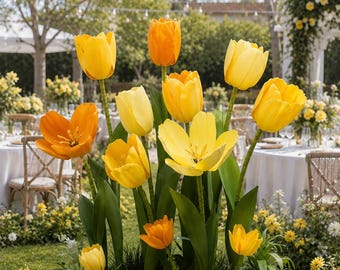 Oversized Handmade Freestanding Tulip Set – Water Resistant foam Flowers in, Yellow, Pink & White for Events and Store Front Window Display