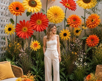 Free-standing Giant Sunflower & Orange Red Yellow Paper Flower Display for Events/ Party Decor-Handcrafted Visual Merchandising Installation