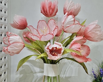 Free-standing Giant Silk Tulip Bouquet - Spring Summer Wedding/ Event Decor- Handcrafted Retail Visual Merchandising Display- Pink Tulips