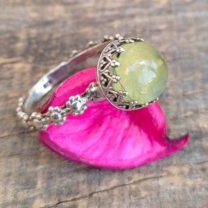 Free Shipping // Size US 9 Sterling Silver Oxidized Ring With Green Prehnite Stone in Bezel Setting // Artisan Green Prehnite Israeli Ring