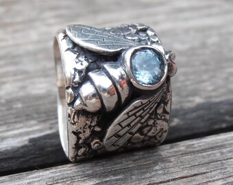 Oxidized Sterling Silver Bee Ring: Blue Topaz Gemstone, Artisan Jewelry