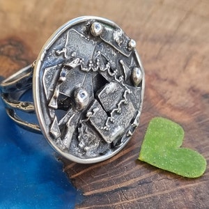 Free Shipping // Size 8 Large Bold Unique Sterling Silver Artisan Ring //  Oxidized Silver Statement Israeli Made Ring