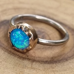 Free Shipping // Handmade Sterling Opal Solitaire Ring With 14K Gold // Artisan Israel Made  Opal Ring // Special Xmas Gift For Her