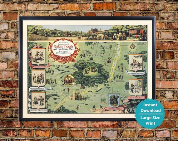 Robin Hood Fantasy Map Vintage Art Print Kids Room England Etsy