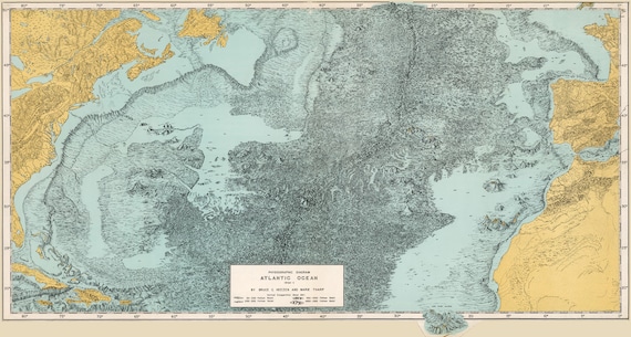 Atlantic Ocean Floor Map Cartography Print Map Ocean Floor Relief Old Map Of Atlantic Poster Download Vintage Ocean Wall Art Map Digital