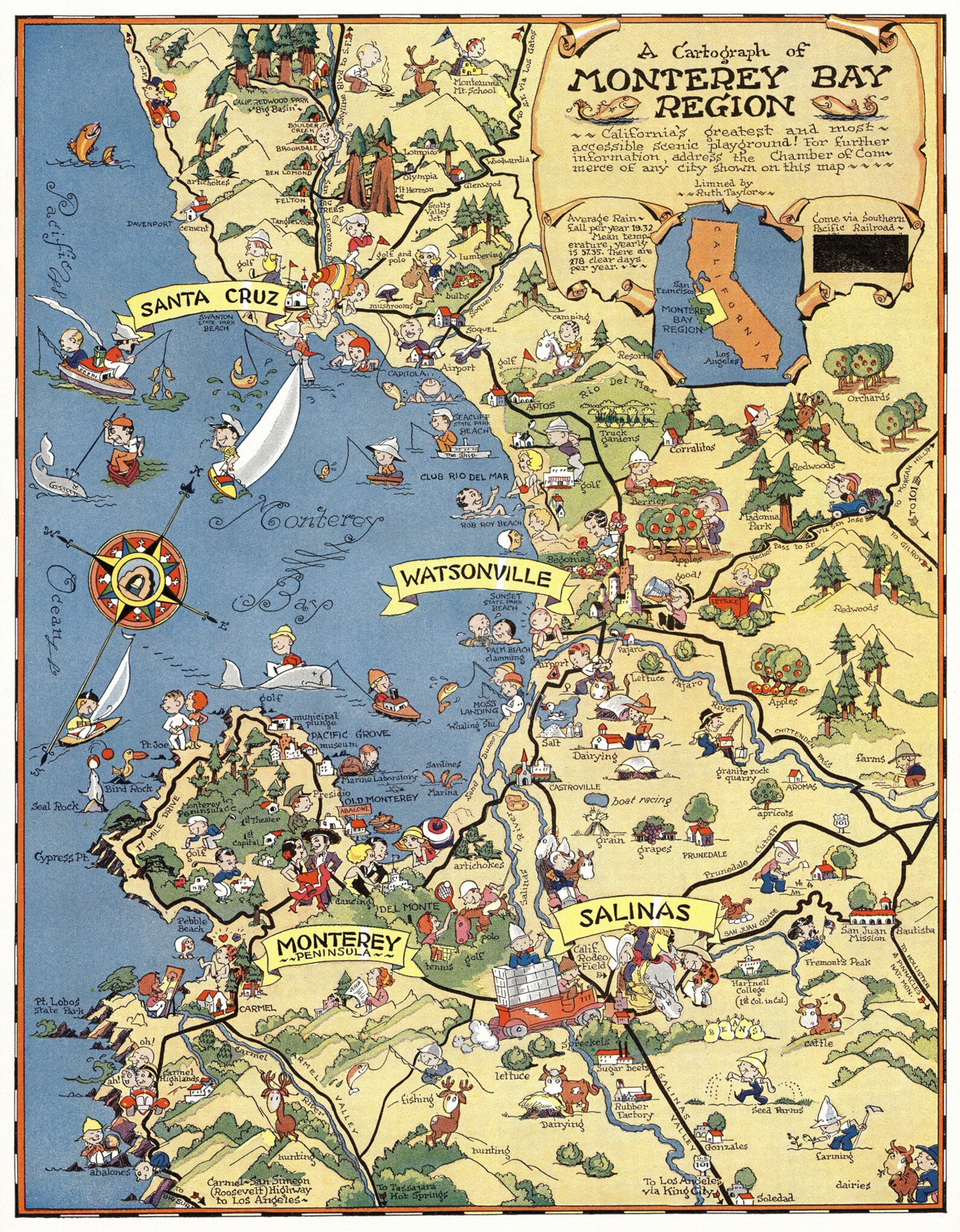 Monterey Bay Art Map California Map Poster Vintage 1932 Etsy