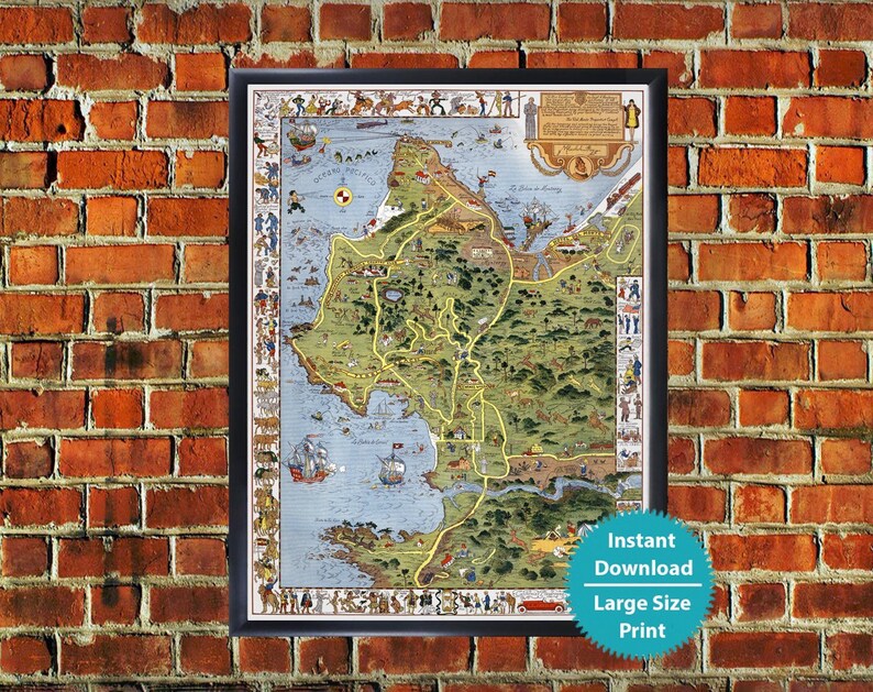 San Diego Pictorial LARGE Wall Map Art Poster Vintage Historical Print