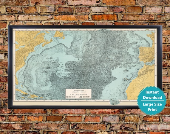 Atlantic Ocean Floor Map Cartography Print Map Ocean Floor Etsy