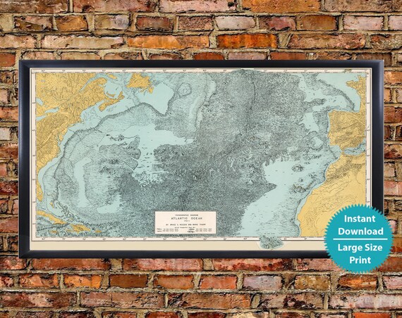 Atlantic Ocean Floor Map Cartography Print Map Ocean Floor Etsy