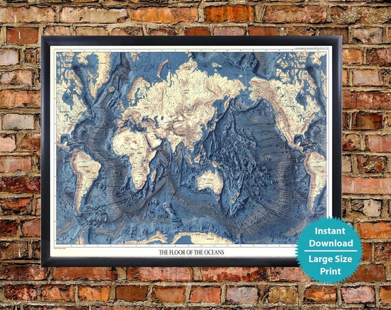 World Ocean Floor Map Map Ocean Floors Lands Relief Old Map Poster Download Vintage Cartography Digital Map Ocean Wall Art Decor