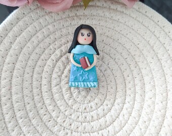 Doll with book figurine brooch Turquoise scarf accessories, Gift for her on birthday, Custom gift for book lovers, Someone love to read