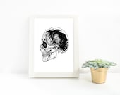 Skull with chips within, Surrealistic printable illustration, Stippling sketch, Digital print, B&W tattoo, Dotwork sketch in 3 sizes
